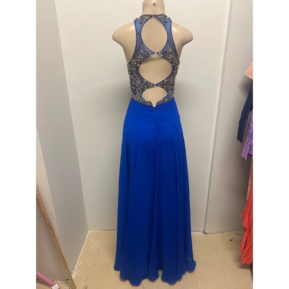 Royal Blue Sleeveless Halter Prom Dress With Beaded Bodice & Sheer Back Detail - Picture 8 of 12